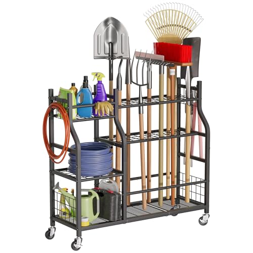 Black Garden Tool Organizer with Wheels - Multi-Tier Garage & Shed Storage, Side Hooks, 37.2 x 12.6 x 34.4 Inches