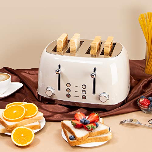Cream 4 Slice Toaster with Retro Stainless Steel Finish, Wide Slots & Bagel Function