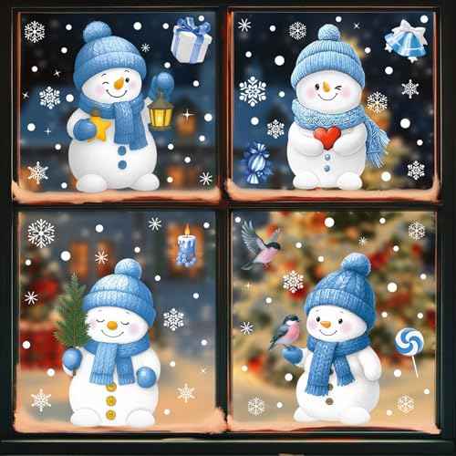 Christmas Window Stickers Cute Snowman Snowflake Window Clings Decals Reusable Double Sided Static Clings Window Clings for Glass Windows for Winter Christmas Decorations 4 Sheet