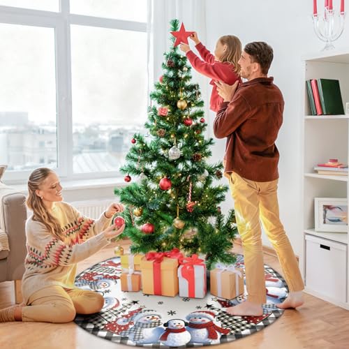 QIALETS 48 Inch Gray Buffalo Plaid Christmas Tree Skirt with Snowmen Decoration