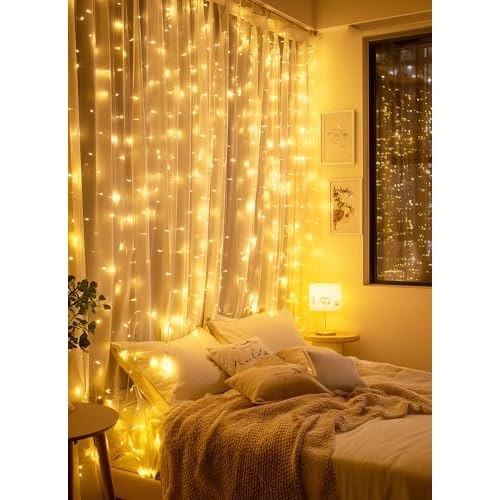 Brightown 300 LED Fairy Curtain Lights, 9.8ft x 9.8ft Warm White Curtain String Lights, USB Plug in 8 Lighting Modes Christmas Decoration, Hanging Lights with Remote for Bedroom Indoor Weddings Dorm