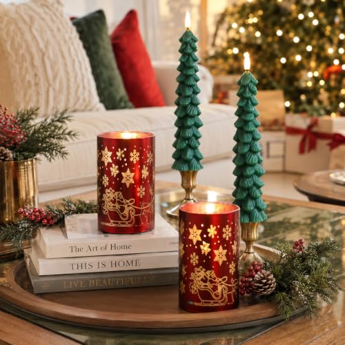 Lezonic Red & Green Flameless Christmas Candles with Remote - Battery Operated Set of 4, Lifelike Wax Xmas Decor