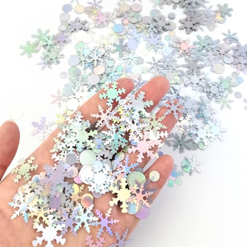 Quacc Laser Silver Snowflakes Confetti Lovely Winter Wedding Confetti Xmas Table Decorations Circles Party Confetti Sequins for Frozen Themed Birthday Party, Gender Reveal (30g, About 900pcs)