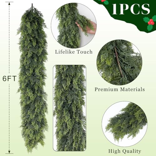 VIERENA 6FT Artificial Christmas Cedar Garland Faux Greenery for Mantle Decor