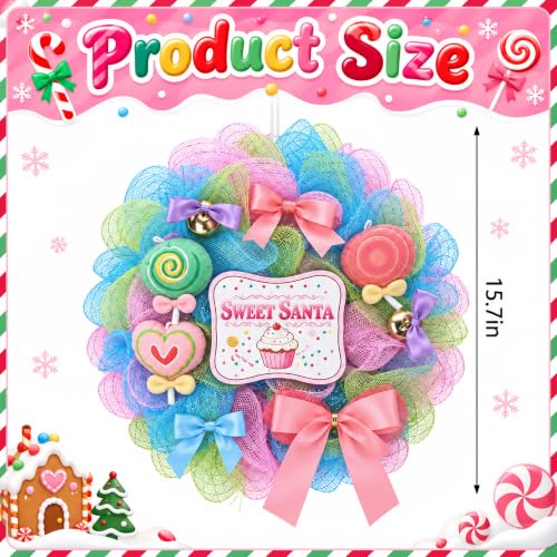 Pastel Candy Christmas Wreath with Lollipops and Bells - 15.7 Inch Holiday Door Decor