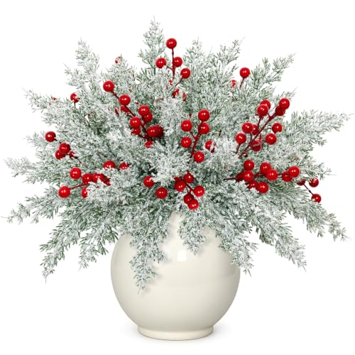 christmas artificial snow pine branches 60 pcs with red berry stems - 11in snowy Norfolk pine for wreaths & arrangements (white red / 60pcs)