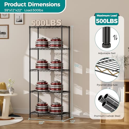 SINGAYE Black 5-Tier Wire Shelving Unit, 12x22x59 Inches, Adjustable Storage Shelf