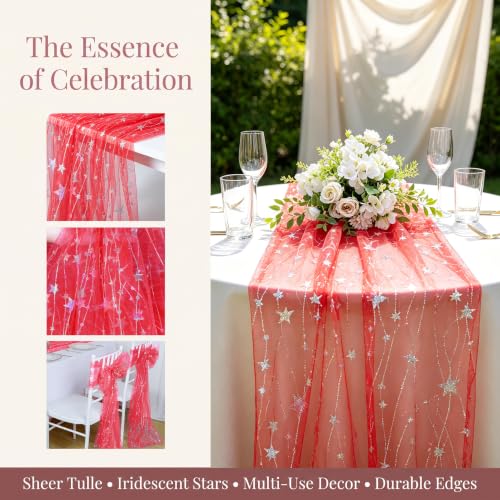 ShinyBeauty 28x120 Inch Red Iridescent Star Gauze Table Runner for Christmas & Holiday Decor