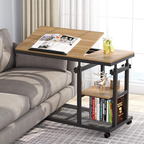 Tribesigns Height Adjustable C Table with Wheels Black Oak - Mobile Sofa & Bed Side Tray with Tiltable Drawing Board