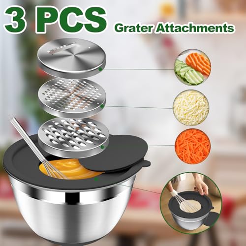 DUTZUN 16-Piece Stainless Steel Mixing Bowls Set with Lids & Colander - Non-Slip Base, 3 Graters, Nesting Design - Black