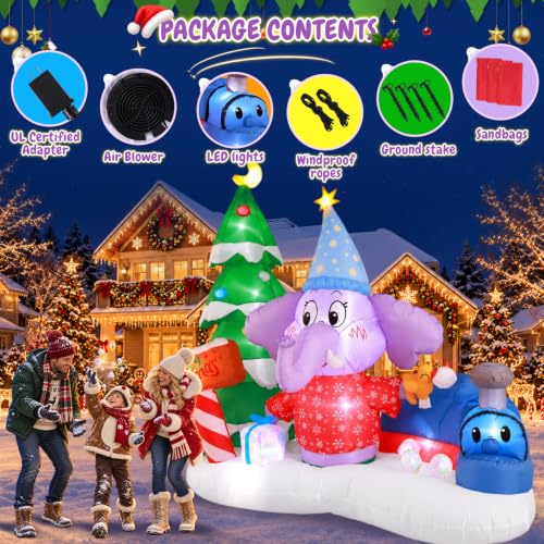 GIFTFIND 7.9 FT Christmas Elephant Train Inflatable Outdoor Decor with LEDs - Elephant Train Variant