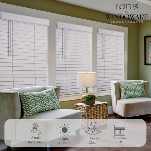 35x60 Inch Faux Wood Cordless Window Blind - Bright White, 2 Inch Slats