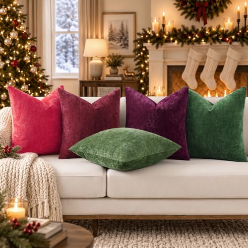 DecorUhome Christmas Red Throw Pillow Covers 16x16 Inches Set of 2 - Soft Chenille Home Decor