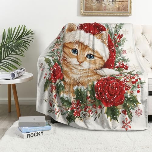 IBTKQSM Christmas Cat Throw Blanket 40×50 in – Soft Flannel Gift for Cat Lovers