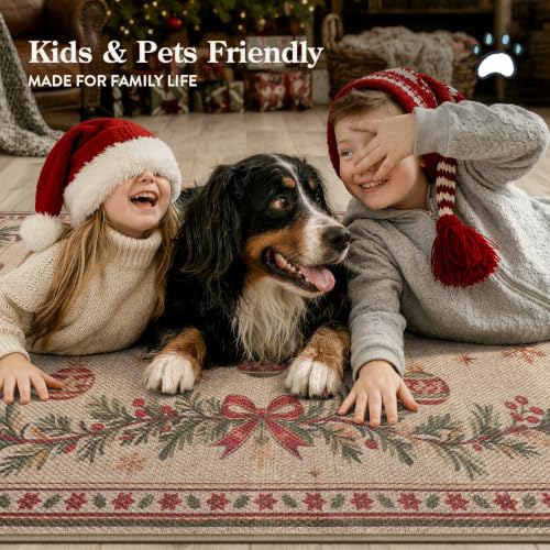 Lahome 2x6 Christmas Runner Rug - Non Slip Faux Jute Hallway Kitchen with Evergreen Bows Snowflakes