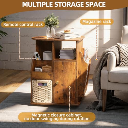 TooCust Rotating End Table with Storage, Swivel Side Table for Living Room