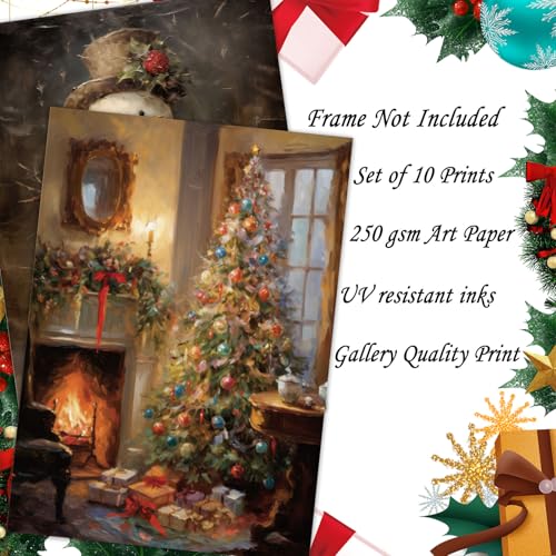 Vintage Christmas Wall Art Prints Set - Snow Scene & Santa Holiday Posters