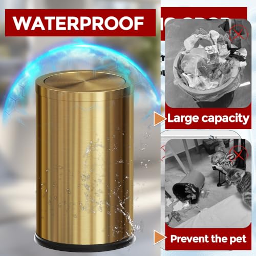 LEASYLIFE 4.7 Gallon Gold Bathroom Trash Can with Lid - Brushed Stainless Steel, Swing Lid, Non-Slip Base