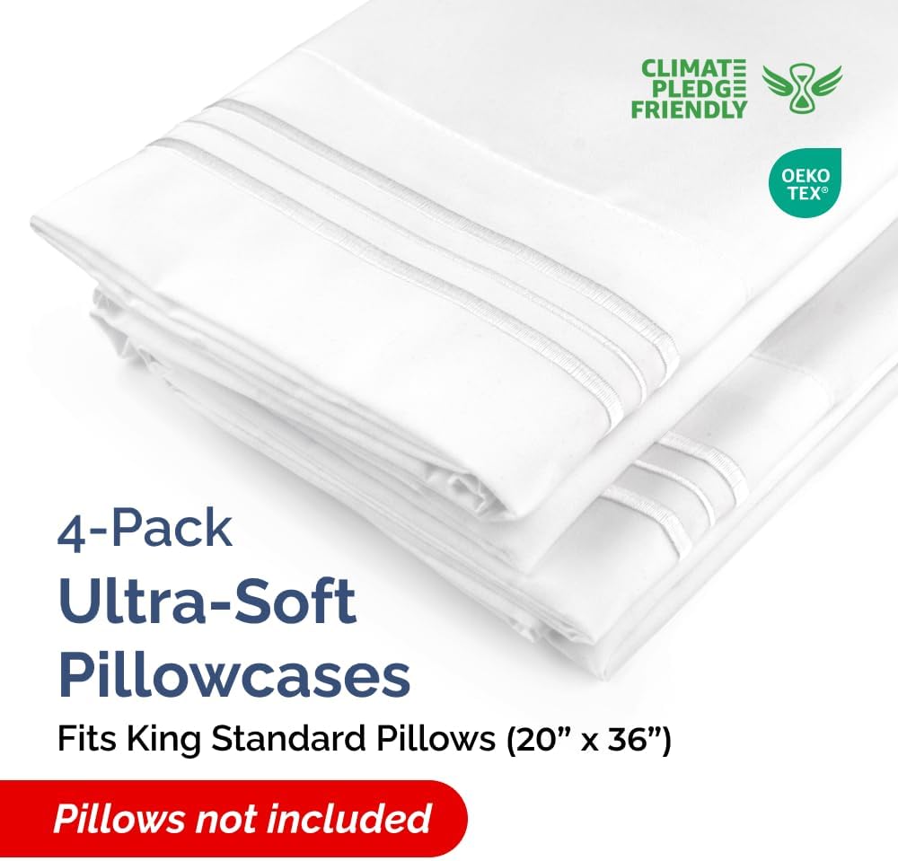 King Standard Pillow Cases - Soft Hotel Quality Pillowcase Covers | Machine Washable - Set of 4 - White