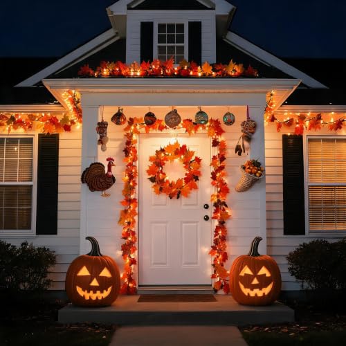 Efunly 9Ft 3-Pack LED Maple Leaf Garland with Timer & 8 Modes - Fall Halloween Decorations