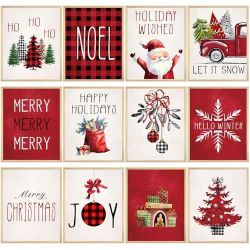 Justforjoyful 12Pcs Christmas Wall Art Prints Classic Merry Christmas Posters for Wall Decoration Xmas Holiday Wall Art Posters Red Winter Room Decor for Living Room Bedroom Office 8X10inch Unframed