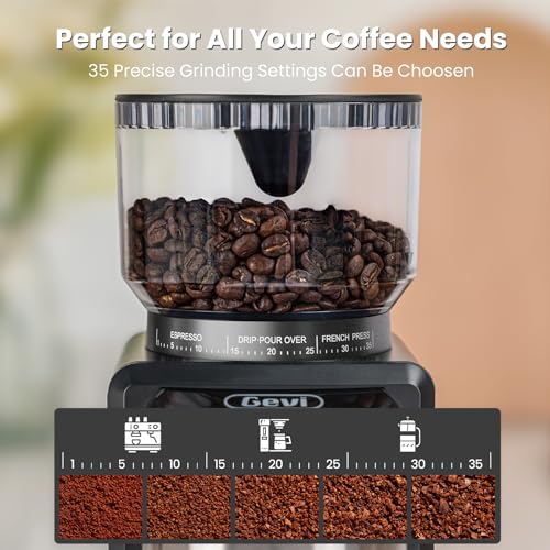 Gevi Black Burr Coffee Grinder with 35 Settings, Large Capacity & Portafilter Cradle