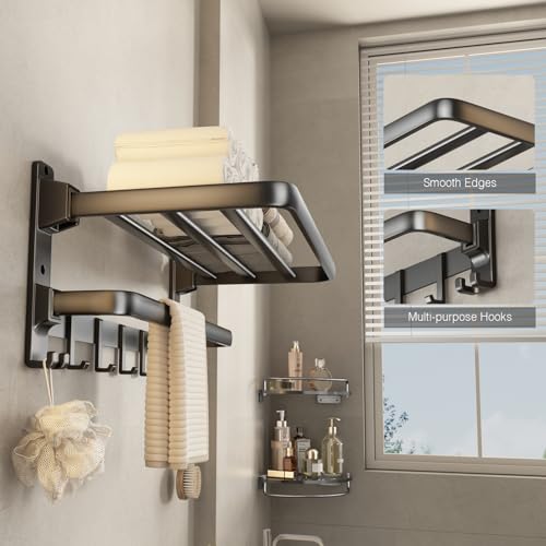 VOLDRA Matte Black 24-Inch Wall-Mounted Towel Rack with Foldable Towel Bar and 7 Hooks