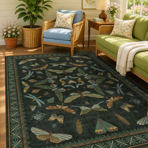 Dark Green Area Rug 5x7 ft for Living Room - Fairy Moss Boho Insect Décor, Washable, Non-Slip