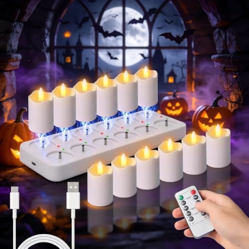 White Rechargeable Flameless Tea Lights with Remote & Timer - 12 Pack