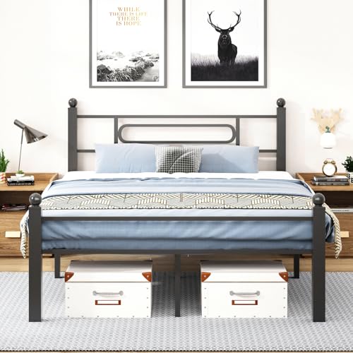Gohapnis Full Size Black Metal Bed Frame with Headboard, Heavy-Duty Support, 12in Under Bed Storage, Easy Assembly