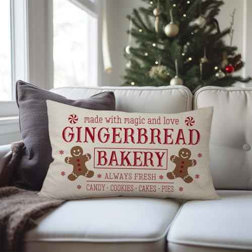 Christmas Pillow Covers 12x20 Inch Gingerbread Man Bakery Rustic Farmhouse Christmas Sign Decorations Outdoor Xmas Winter Holiday Decorative Lumbar Throw Pillow Case for Sofa Couch Home Decor
