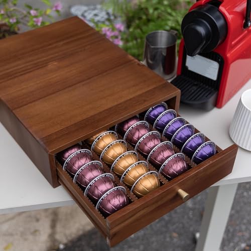 Acacia Wood Coffee Pod Drawer Organizer for Nespresso Vertuo - Holds 40 Large or 60 Small Pods