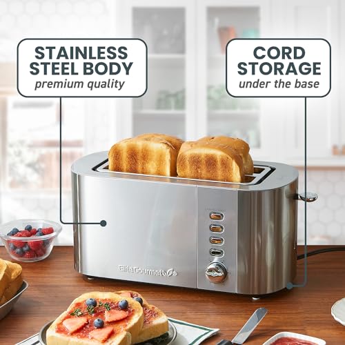 Elite Gourmet 4-Slice Stainless Steel Long Slot Toaster with 1.5” Wide & Deep Slots