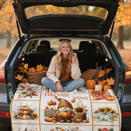 yuboo Thanksgiving Pumpkin Gnome Throw Blanket, 50"x60" Orange White Autumn Harvest Suflower Blankets and Throws for Couch, Fall Themed Farmhouse Home Decor Gifts