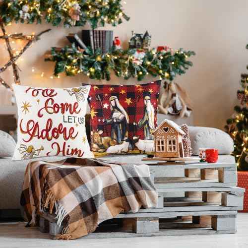 4pcs Christmas Pillow Covers 18x18in O Holy Night Jesus Buffalo Plaid Stars Throw Pillow Covers Xmas Winter Holiday Seasonal Cushion Case Decorations for Farmhouse Couch Sofa Home Decor