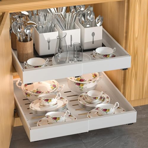DEKAVA 4 Pack Pull Out Cabinet Organizer - Expandable, White, Fits 12-20" Wide, 21" Deep
