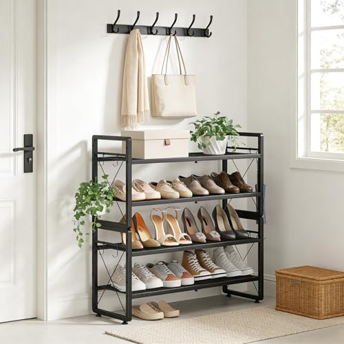 ELYKEN Expandable Shoe Rack for Closet, 4-Tier Metal Black Organizer