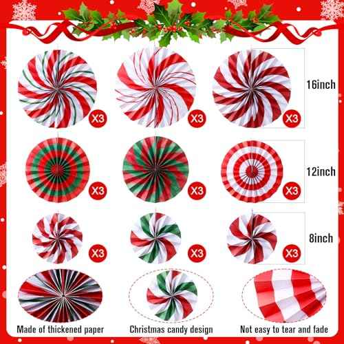 Outus Christmas Hanging Decorations Candy Paper Fans Peppermint Hanging Paper Fans Candy Cane Ceiling Wall Decor for Christmas Party Classroom Birthday Party(9 Pcs,Sweet)