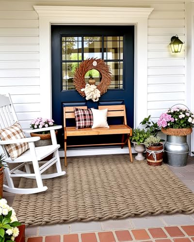 Jute Door Mat 32x48 Inches - Light Taupe Woven Entry Rug for Outside Covered Porch