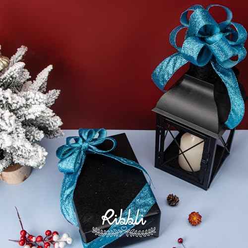 Ribbli Turquoise Blue Glitter Wired Ribbon,Turquoise with Metallic Edge,Christmas Ribbon for Wreath, ChritmasTree Decoration, Gift Wrapping,Home Decor, 1-1/2 Inch x 10 Yards