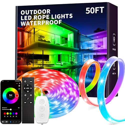 KSIPZE 50ft Waterproof Outdoor RGB LED Strip Lights with App Control, Music Sync & Timer