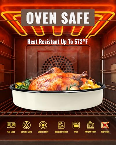 Creamy White Round Turkey Roasting Pan Set of 4 Enamel Bakeware for Oven