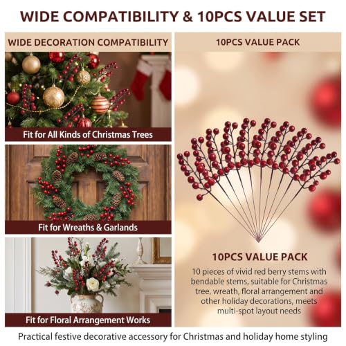 VASANA 10-Pack 8-Inch Artificial Red Berry Stems for Christmas Wreaths & Decor
