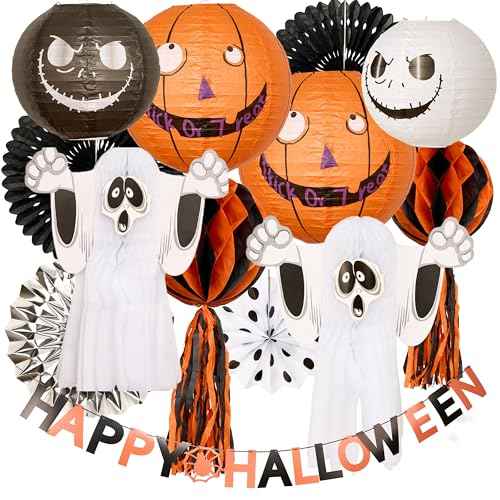 13Pcs Halloween Ghost Paper Lantern Set, Orange Black White Jack O Funny Pumpkin Face Decor, Spooky Hunted House Indoor Outdoor Hanging Decoration, Nightmare Party Supply Props, Assorted 8-12 Inch