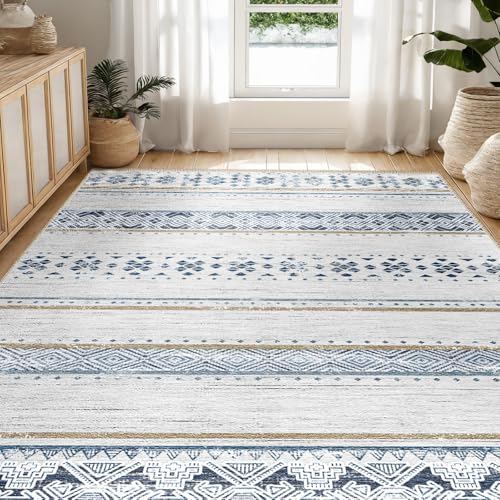 Blue/Brown 5x7 Area Rug - Washable Geometric Non-Slip Bedroom Living Room