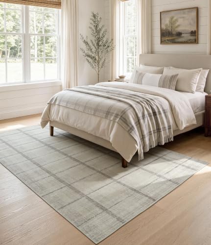 YIHOUSE 6' x 9' Beige Grey Distressed Plaid Area Rug for Living Room, Machine Washable
