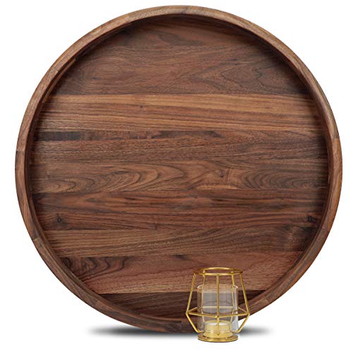 20-Inch Black Walnut Wooden Ottoman Tray with Handles - Extra Large Round Coffee Table Accessory