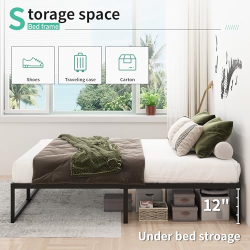 King Bed Frame 14 Inch Heavy Duty Steel Slat Support - Modern Minimalist Design