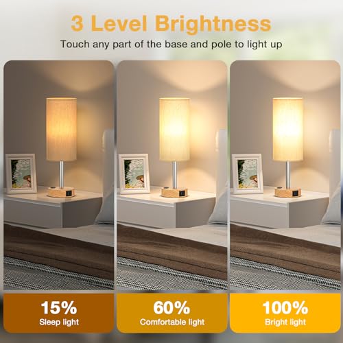 Wood Base Cream Shade Touch Bedside Table Lamps Set of 2 with USB Ports and Outlet - 14 Inch