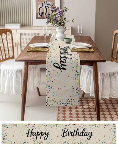 Ueplerts Happy Birthday Table Runner 13x36 Inches Beige Linen Polka Dot, 36in Long